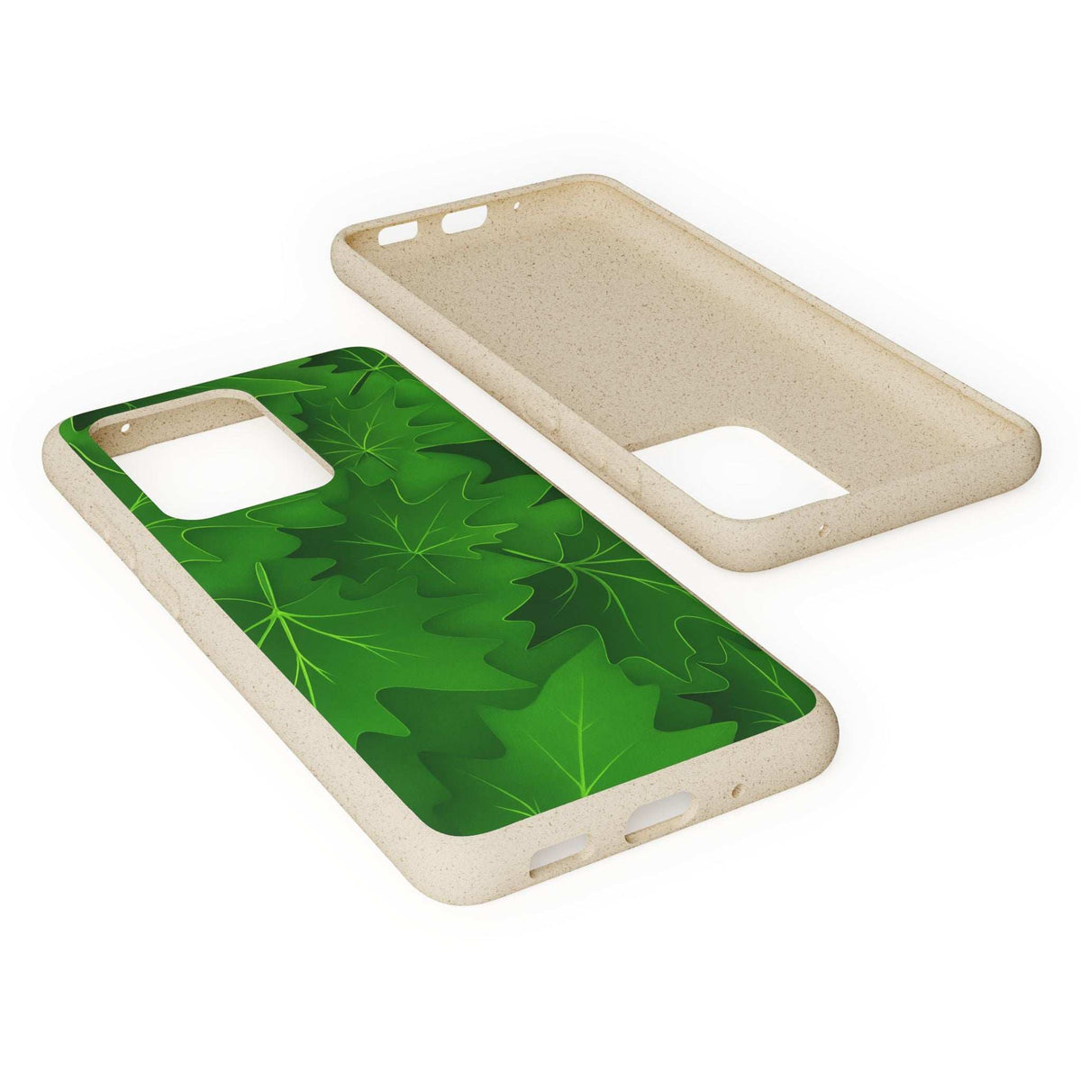Speckled beige phone case with green botanical leaf design, camera and port cutouts