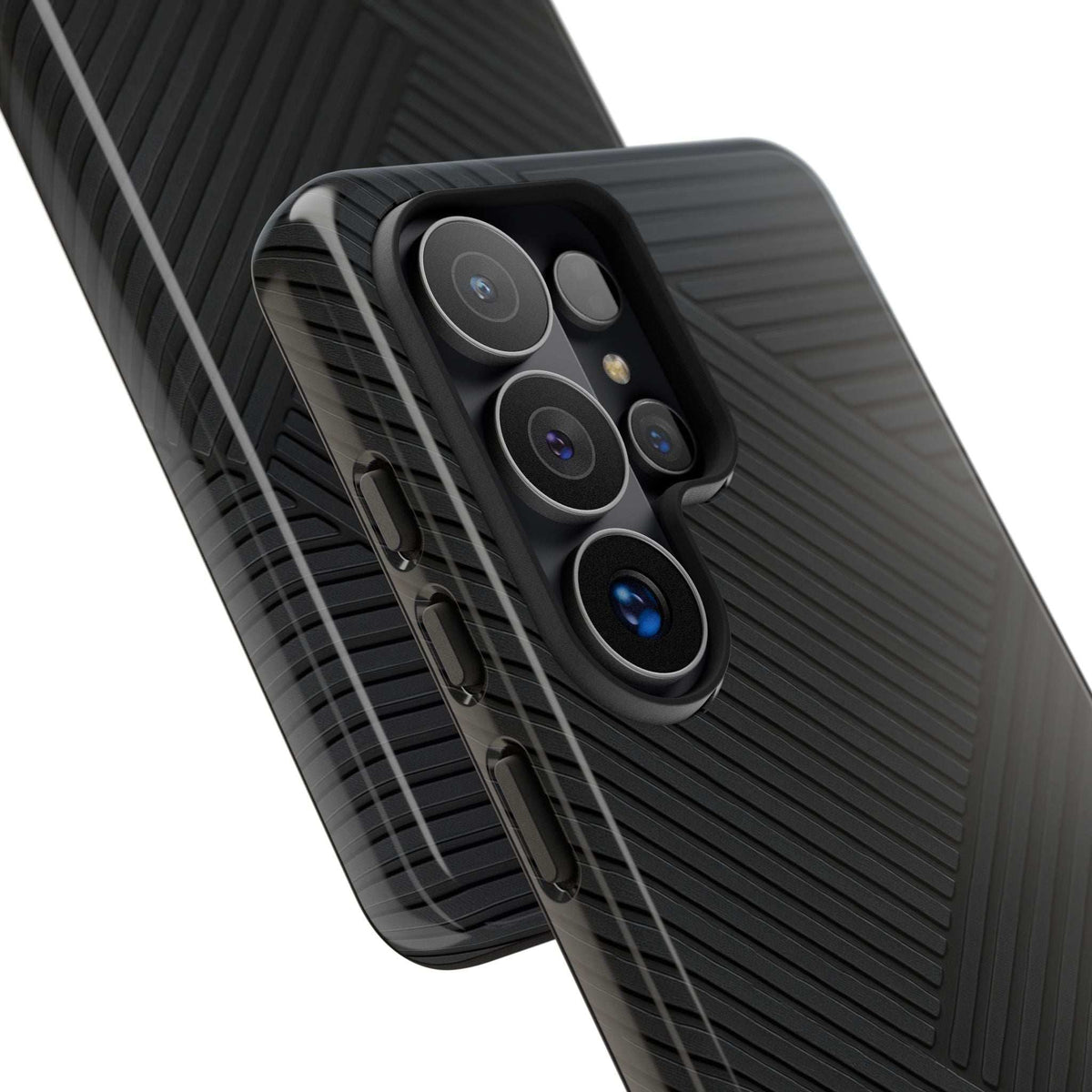 Black phone case close-up of camera area with textured finish and lens cutouts