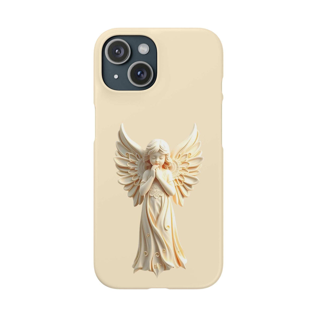 Beige phone case with angel illustration and four-lens camera opening