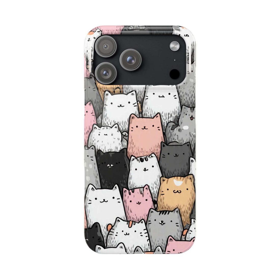 Cat pattern phone case with pink, white, and gray cartoon cat faces, slim fit for iPhone 11–17.
