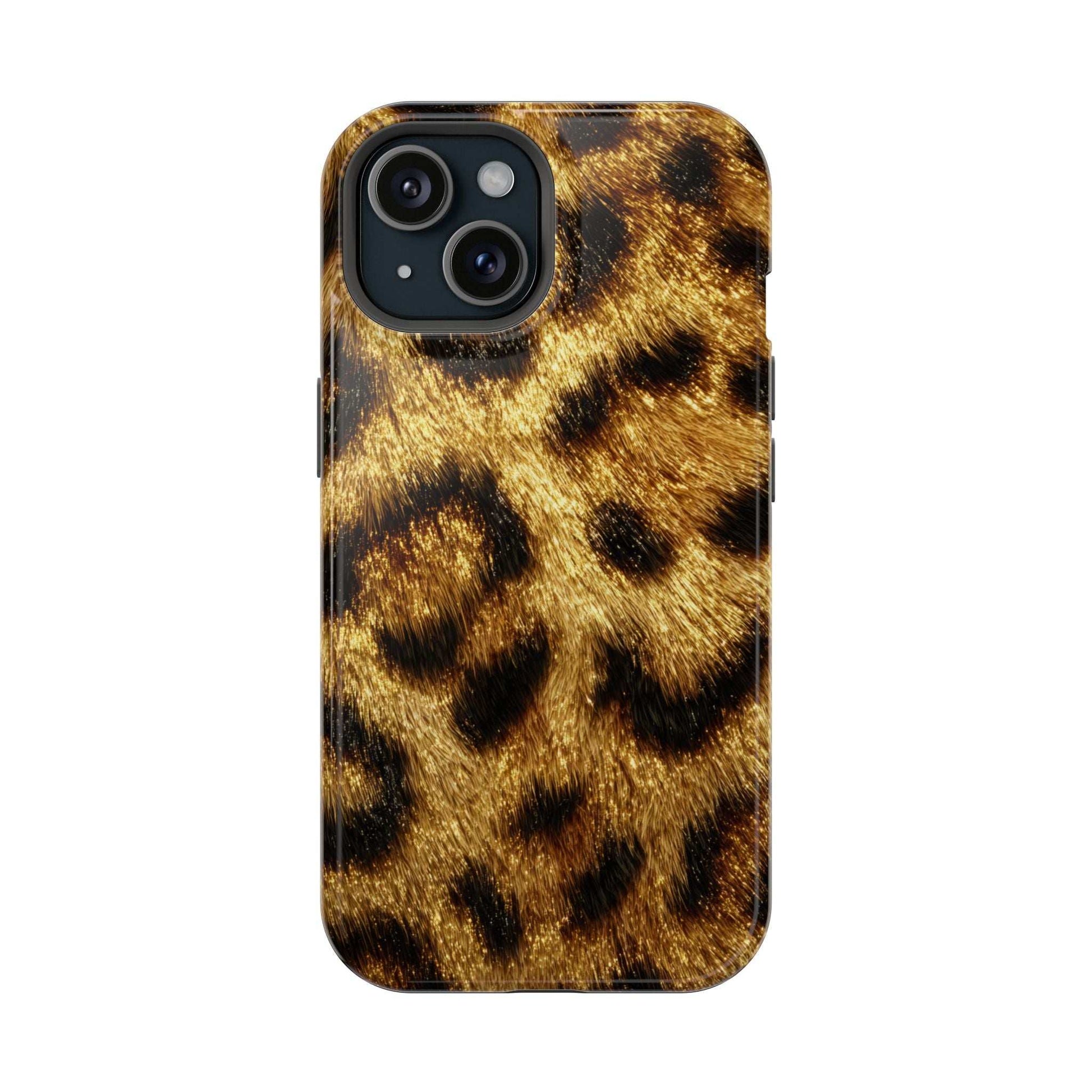 Leopard print phone case, glossy golden-yellow and black pattern with camera module openings