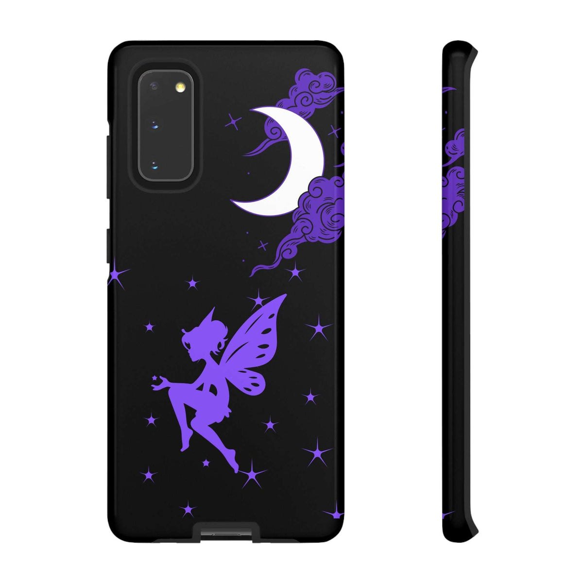 Black phone case with purple fairy silhouette, crescent moon and stars; camera cutouts