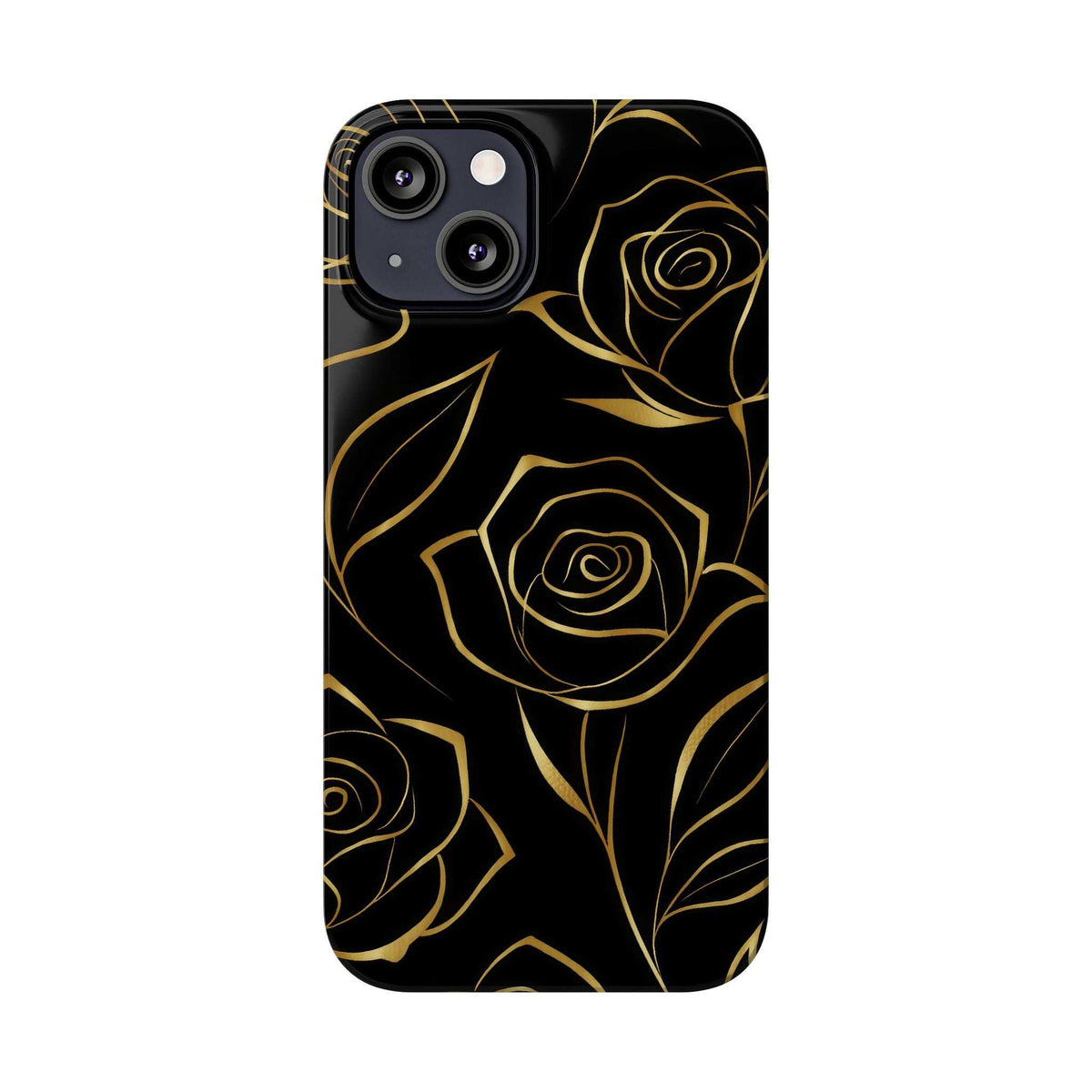 Black phone case with gold roses line design and camera cutouts