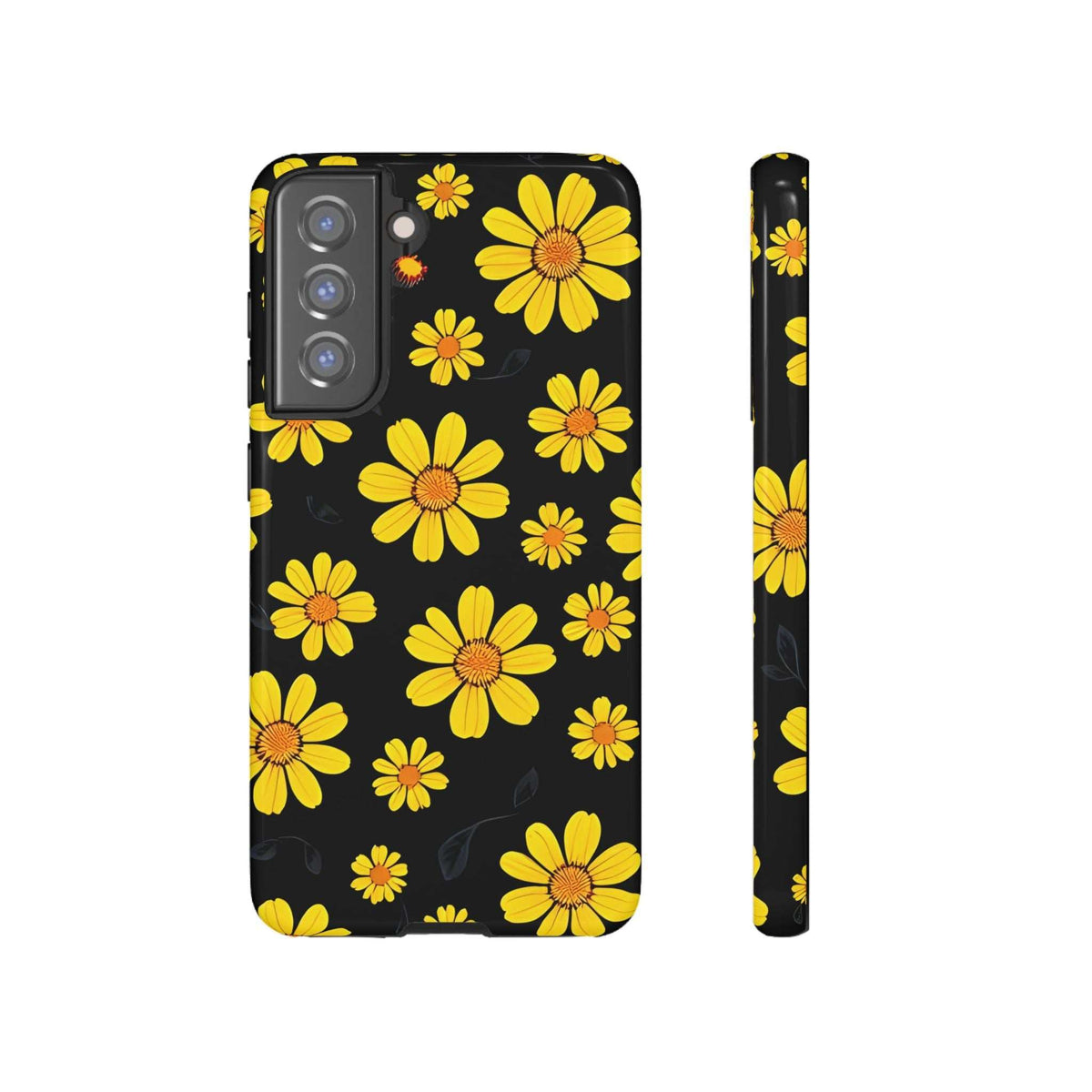 Phone case with black background and yellow daisy floral pattern, vertical camera lenses on back
