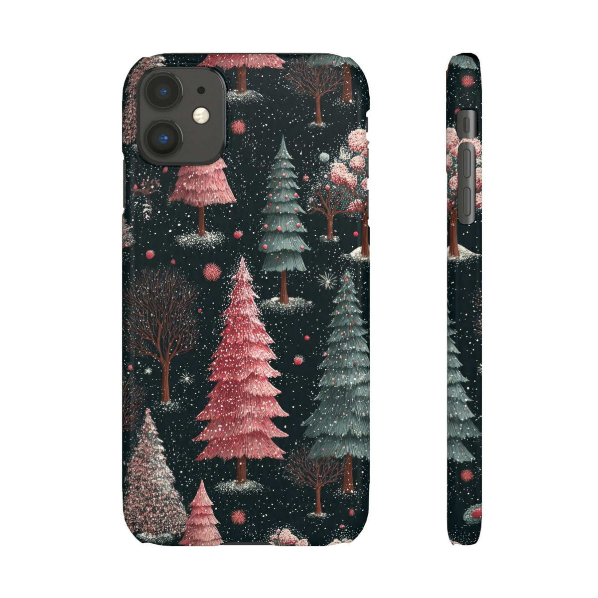 Winter forest phone case back and thin side view; glitter trees, snow specks, camera cutout.
