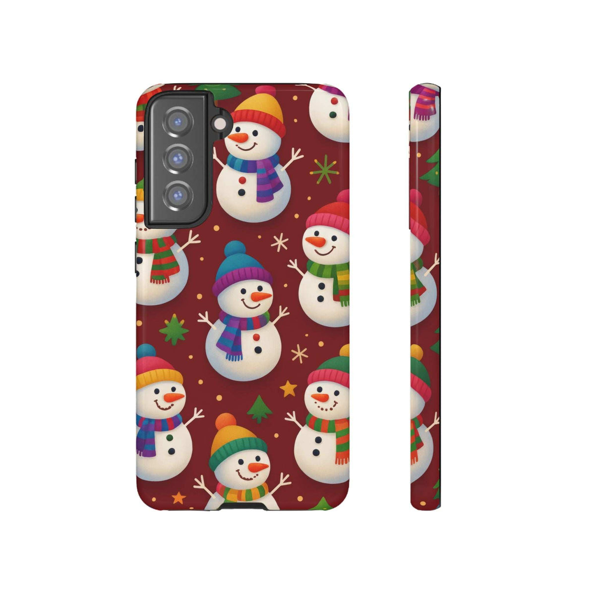 Glossy phone case with festive snowmen pattern, raised camera cutouts, and side buttons visible.