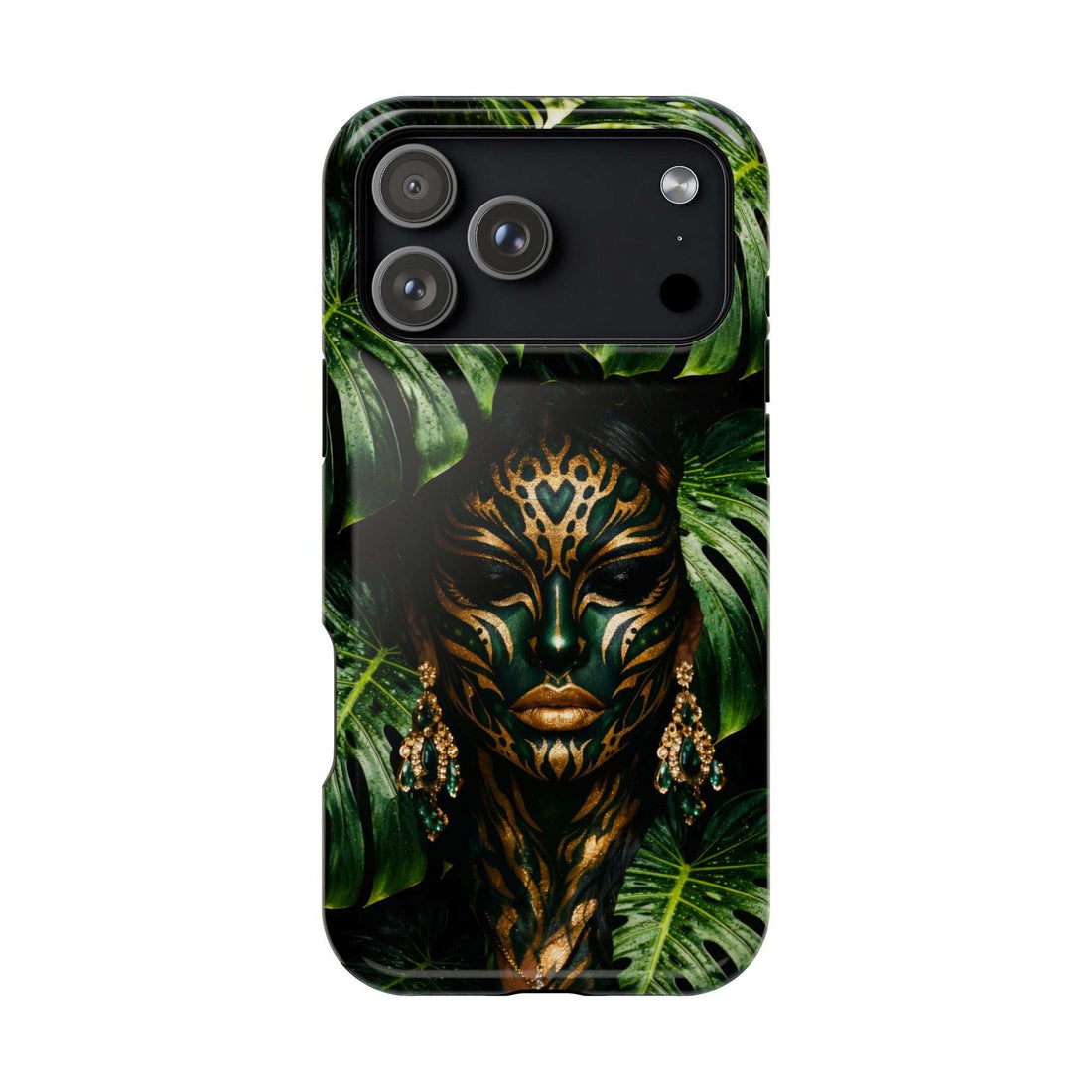 Jungle-themed phone case with gold face mask and green tropical leaves