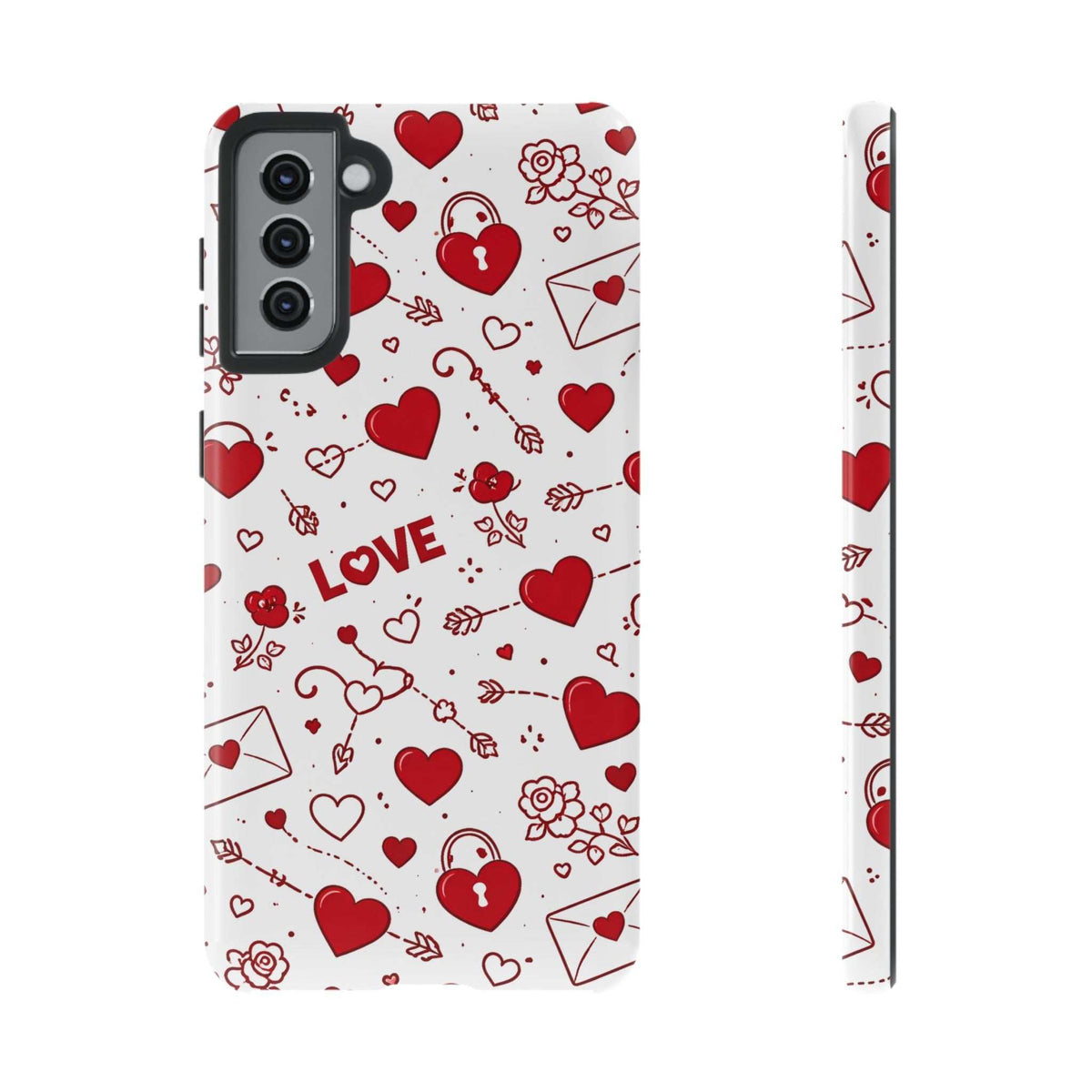 White phone case with red heart and arrow doodles; side profile shows slim button openings.