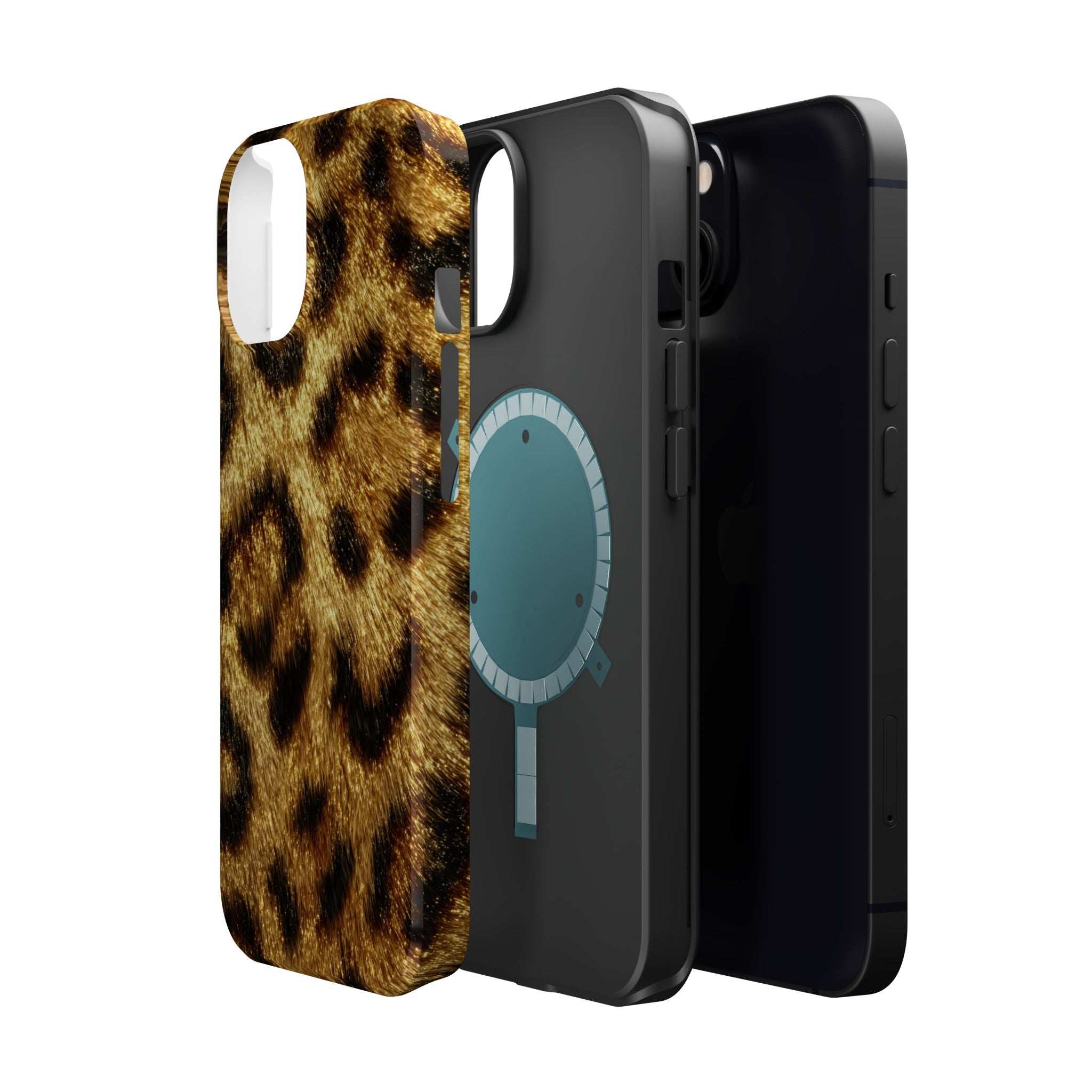 Leopard print glossy phone case angled view, tan backdrop with dark leopard pattern.
