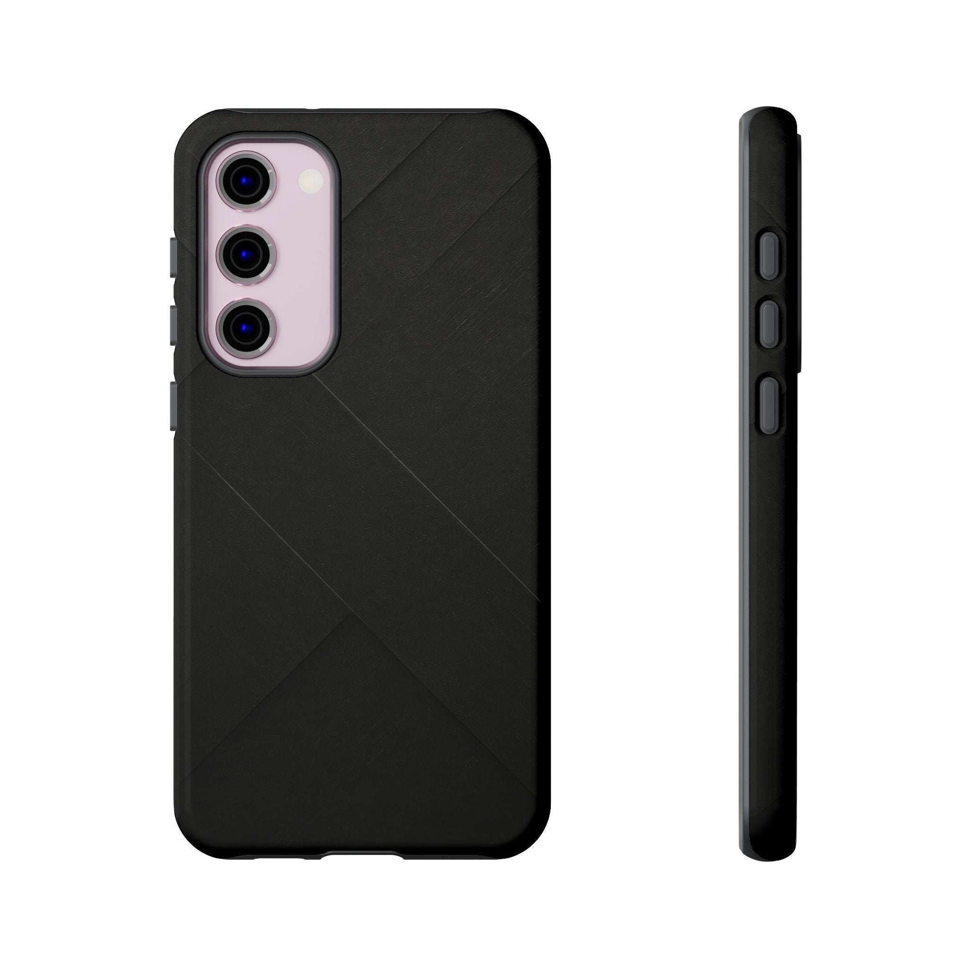 Matte black phone case with diagonal line pattern, camera cutouts, and side profile buttons.
