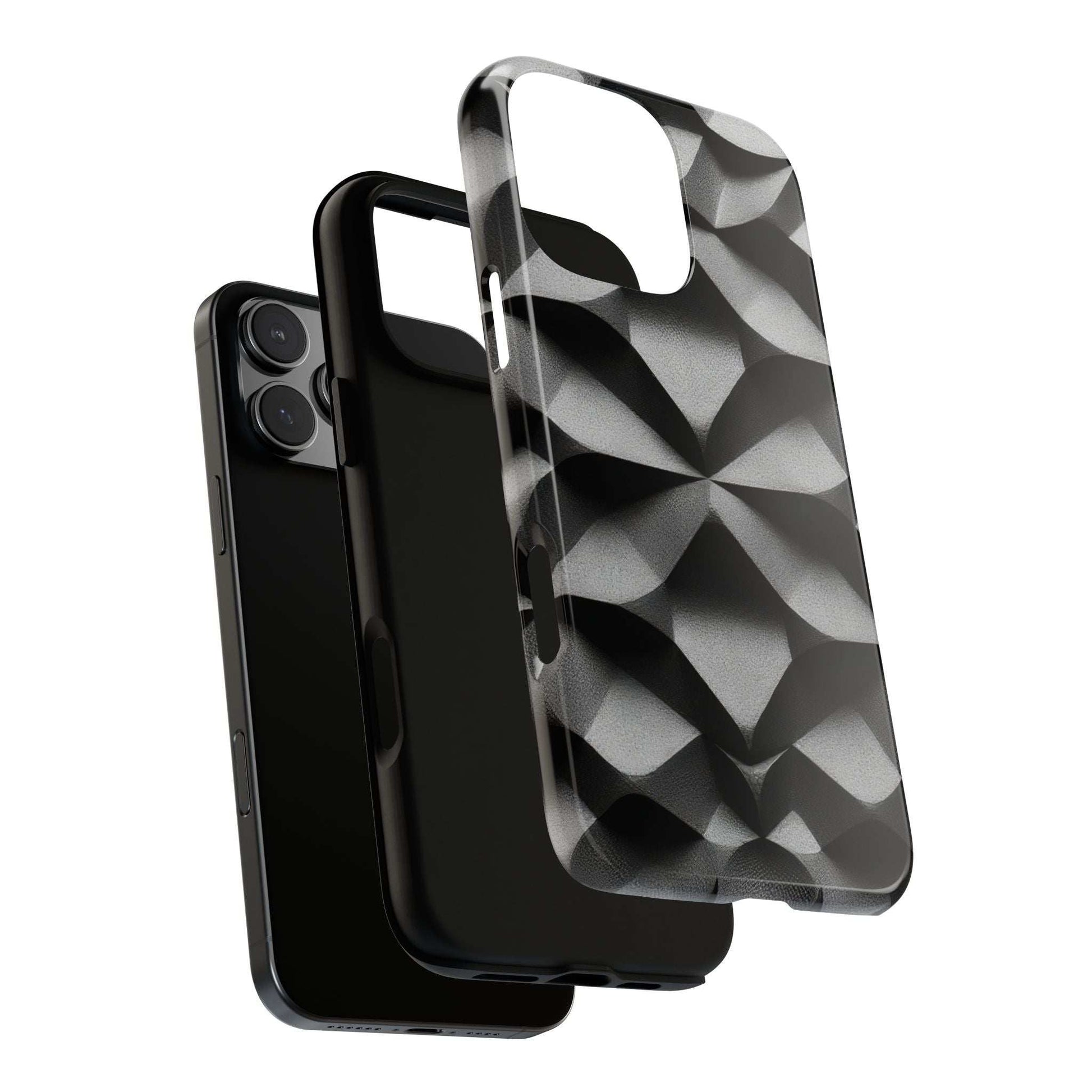 Tough phone case in black-gray geometric print from side view, raised screen edge