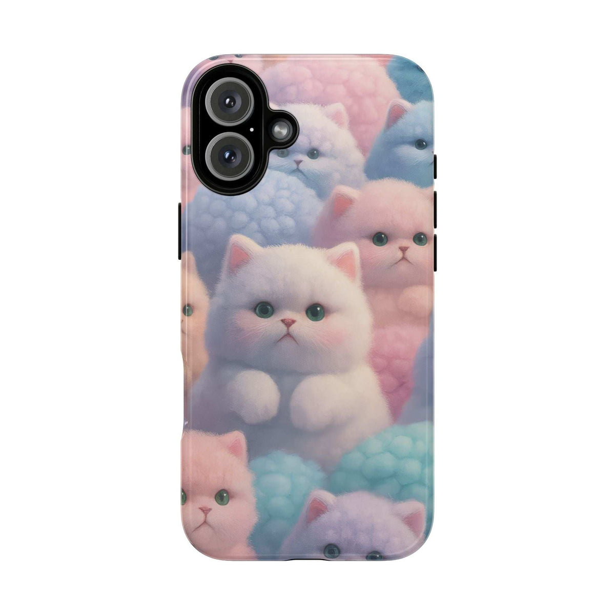 Glossy phone case with pastel kitten artwork and phone-camera cutouts
