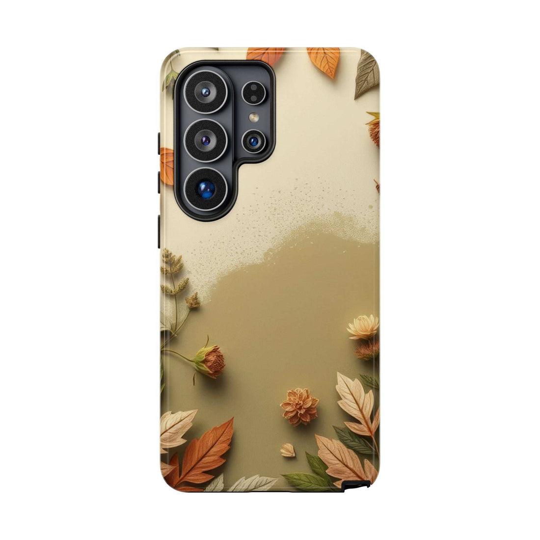 Autumn leaves phone case with cutouts for camera and buttons on a beige background.