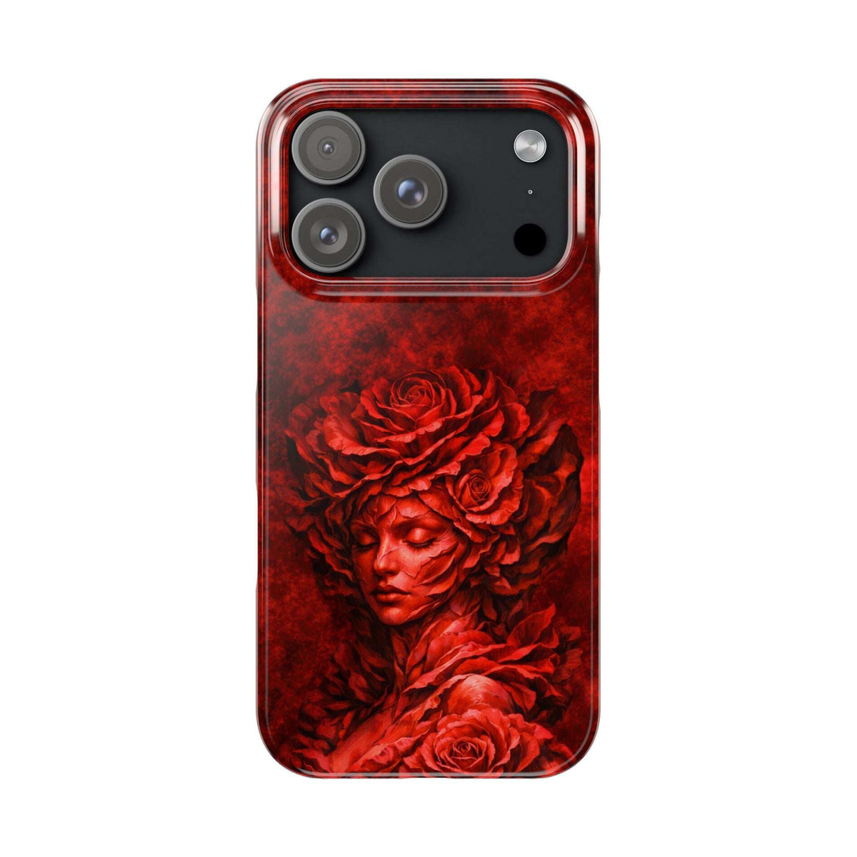 Slim red phone case with rose and angel-face print, camera module opening