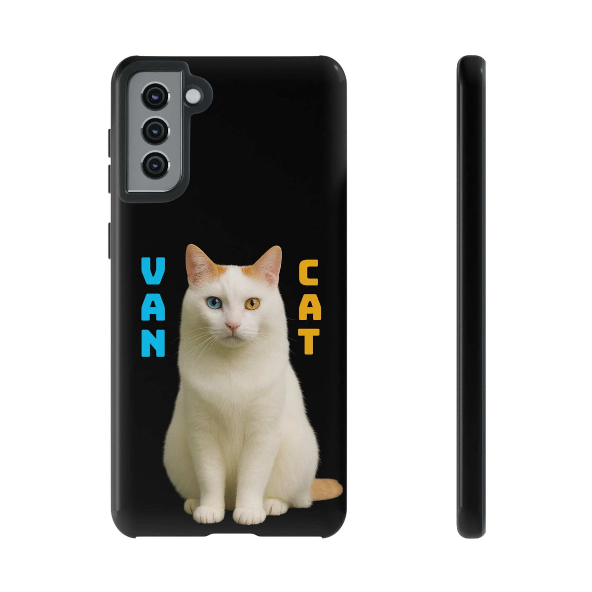 Glossy black phone case with white cat print and camera module cutouts
