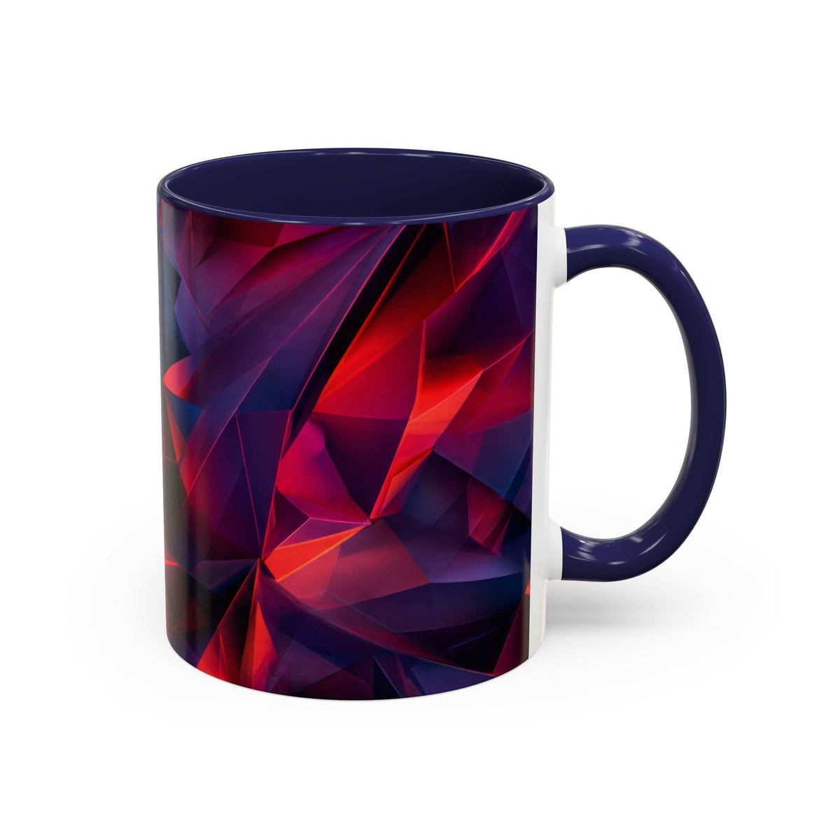 Geometric ceramic mug with red and navy abstract wrap; navy handle and lid, white interior