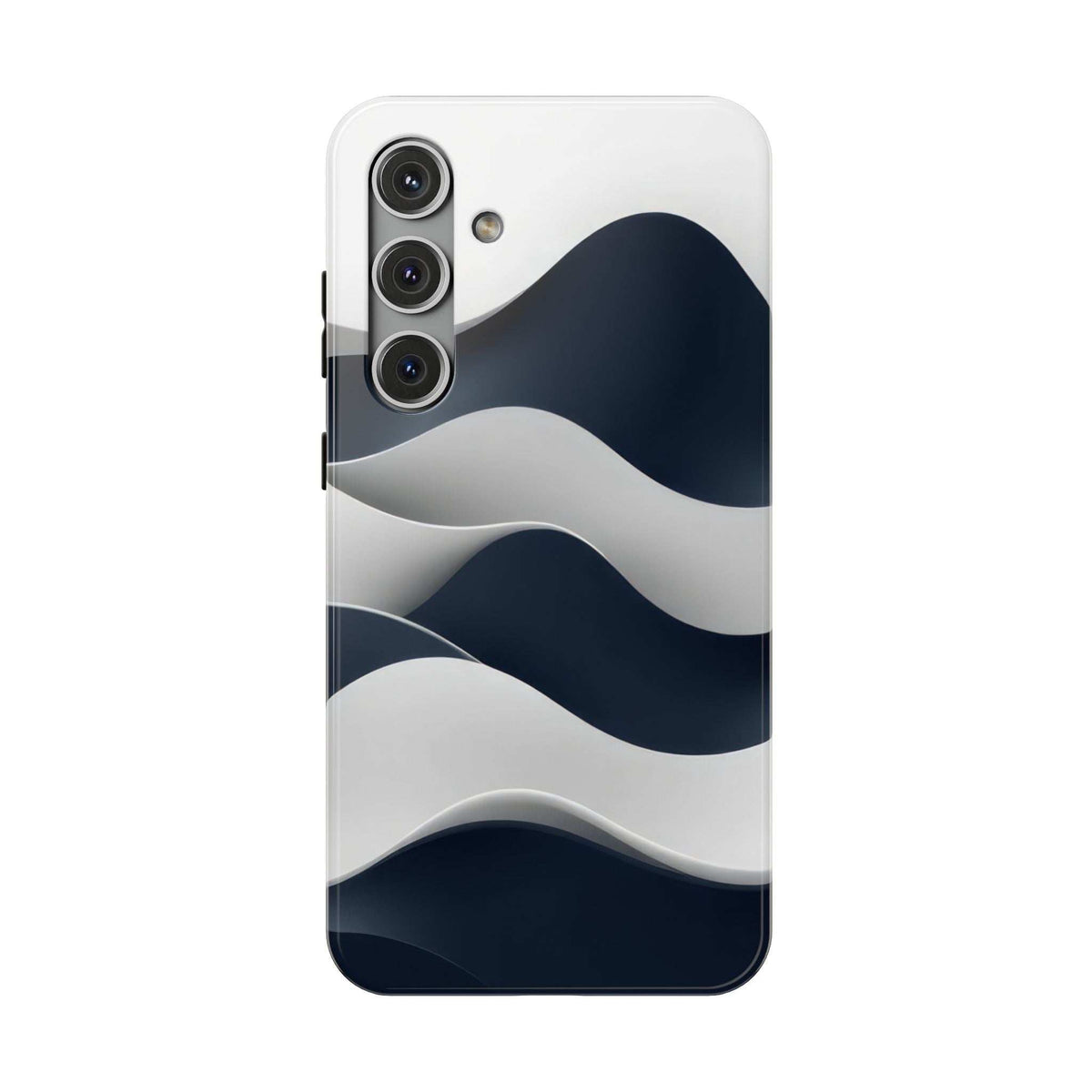 Glossy phone case with ocean wave pattern, visible camera module cutouts