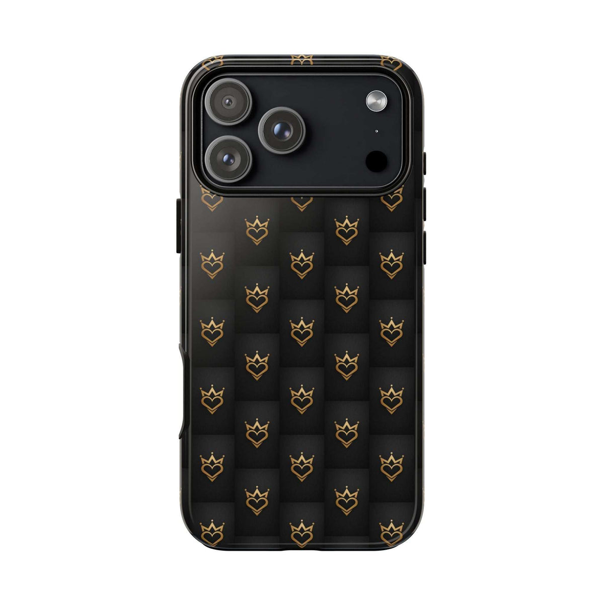 Glossy black phone case with gold crowned heart doodle pattern, top corner camera cutout.