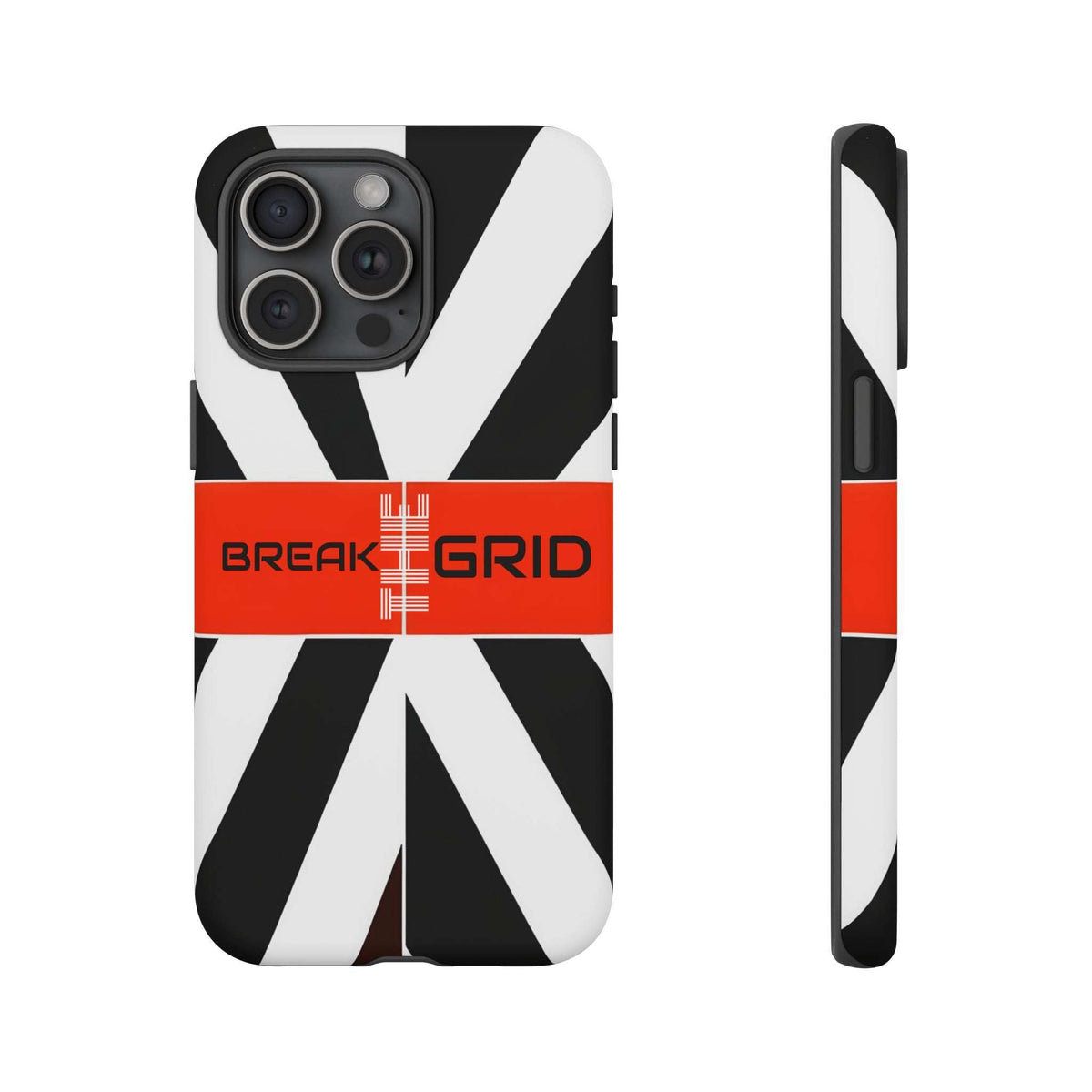 Phone case with bold black-and-white stripes, orange BREAK GRID band, slim side edges