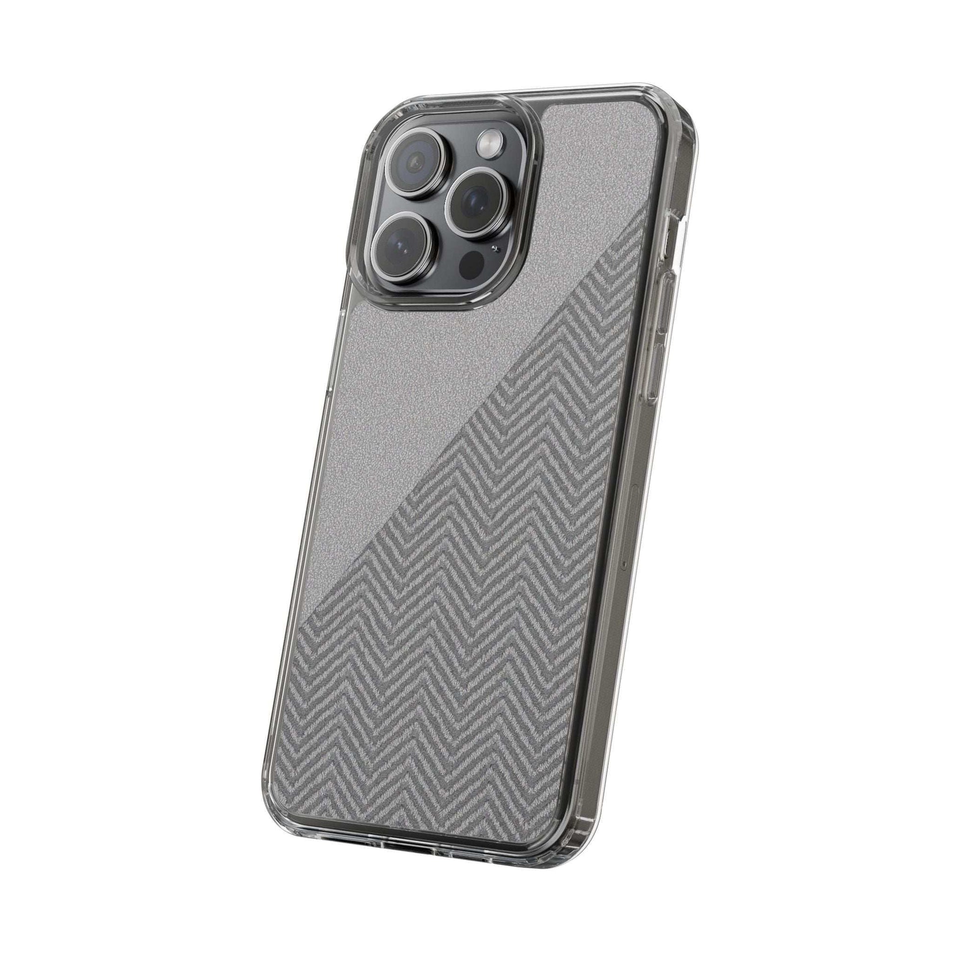 Dark herringbone tough phone case with clear bumper around camera module