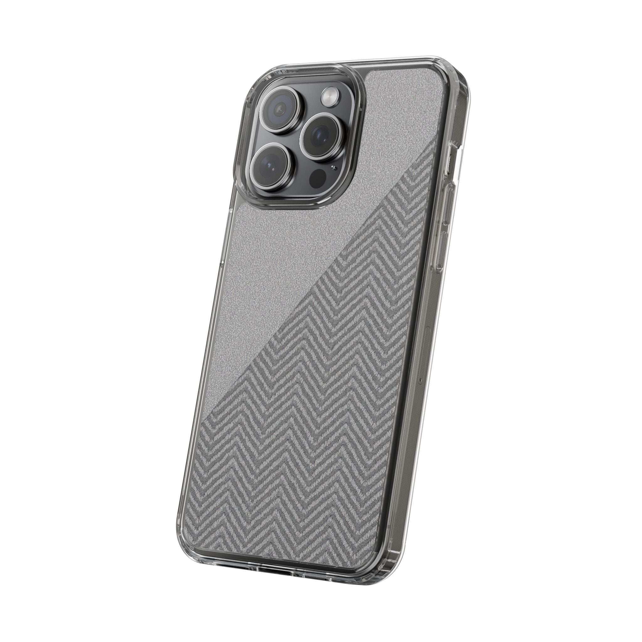 Dark herringbone tough phone case with clear bumper around camera module