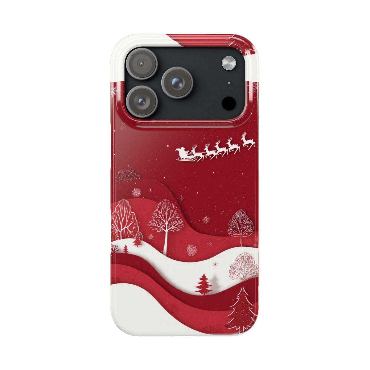 Red winter phone case with sleigh motif, snowy trees, and white wavy bottom edge
