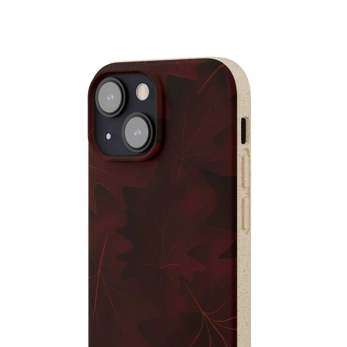 Phone case with dark red leaf pattern and raised camera bump cutouts