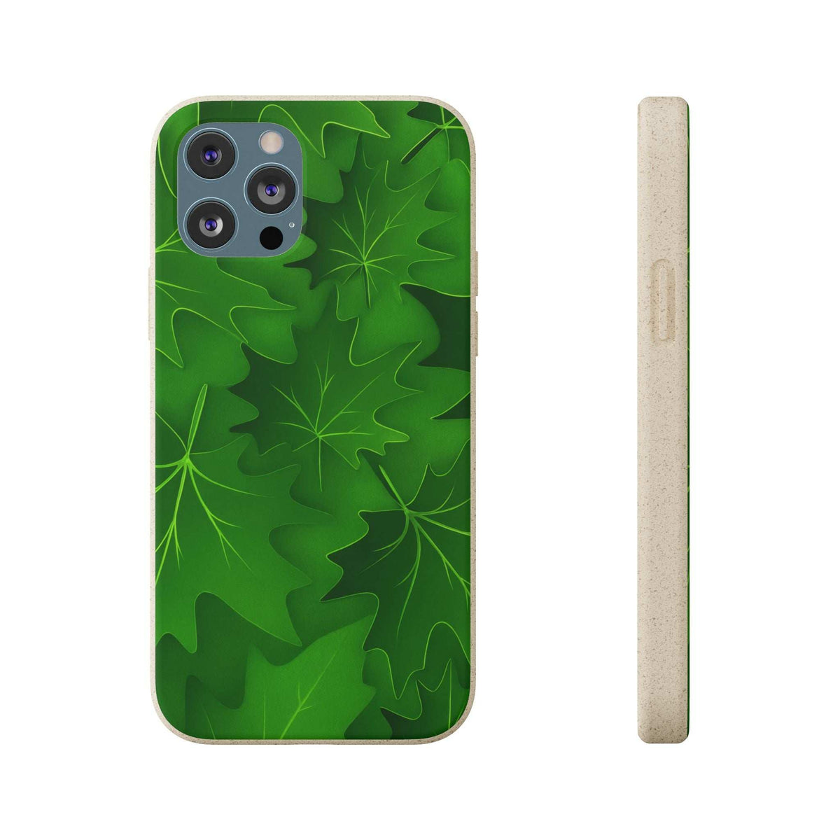 Phone case with green botanical leaf pattern and camera cutouts, shown with side