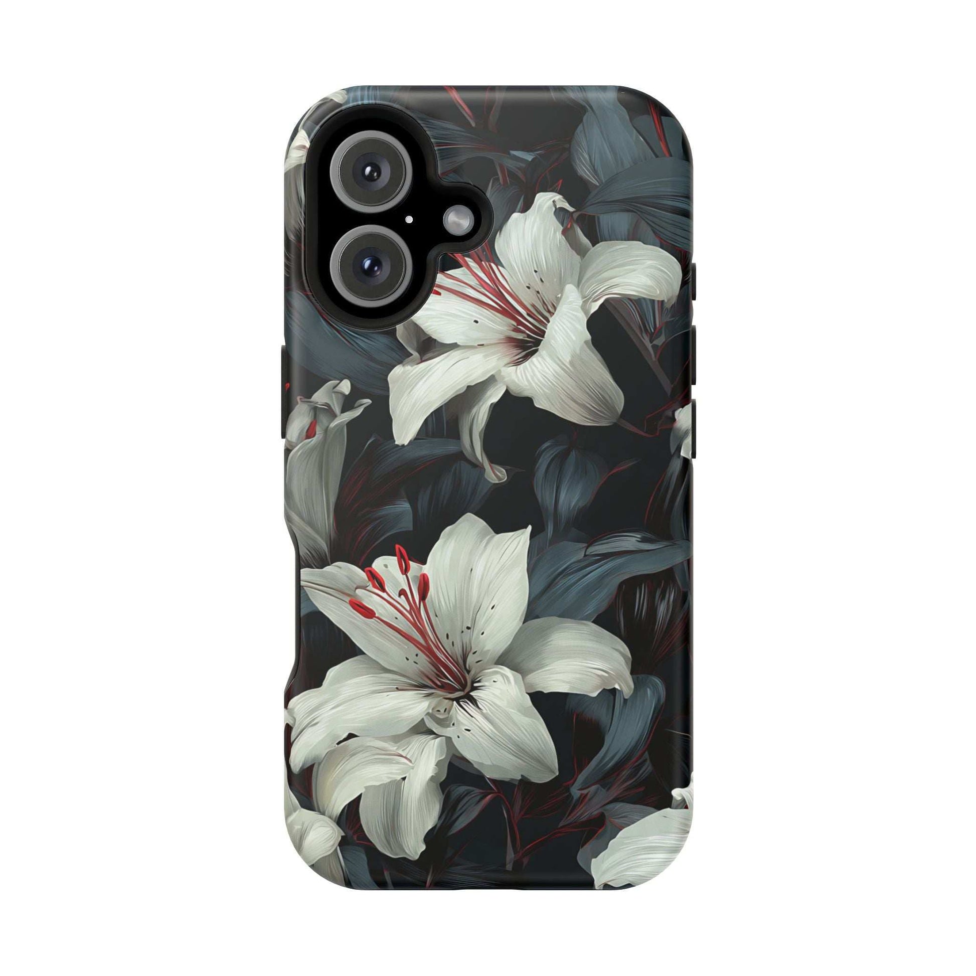 iPhone phone case featuring white lilies and dark leaves with red flower markings