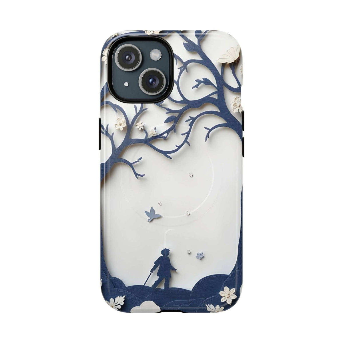 Phone case with dark blue silhouette figures, birds, and glitter-like dots near camera