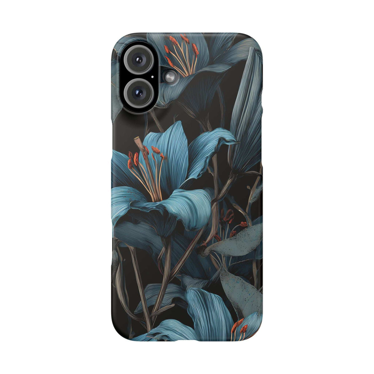 Blue lily floral phone case, back view with camera cutouts and blue lily artwork