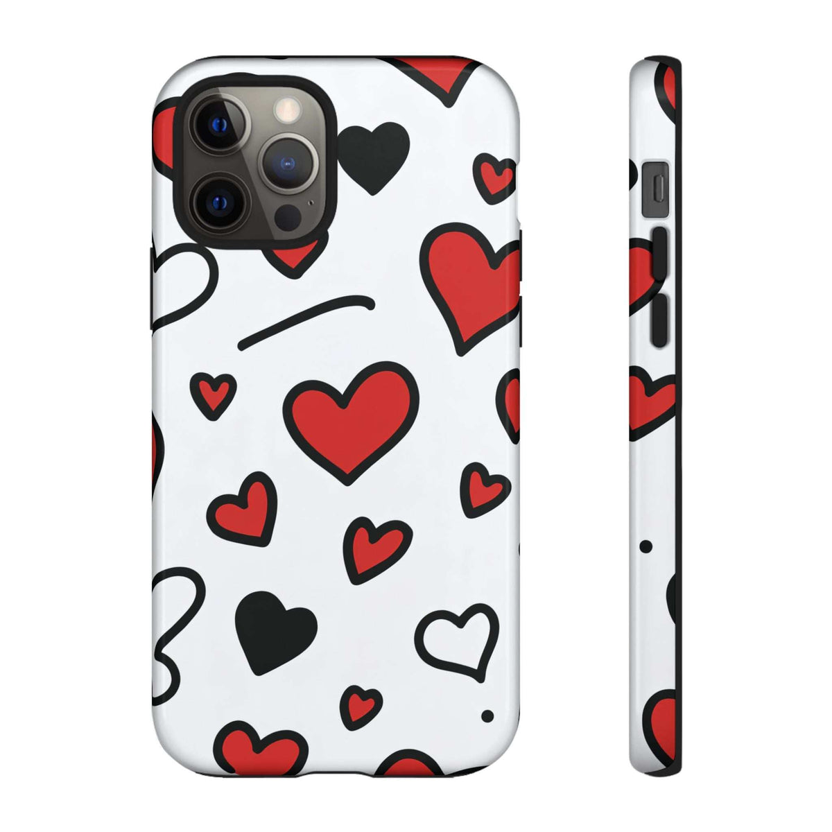 Phone case featuring scattered hearts pattern in red and black with camera cutout.