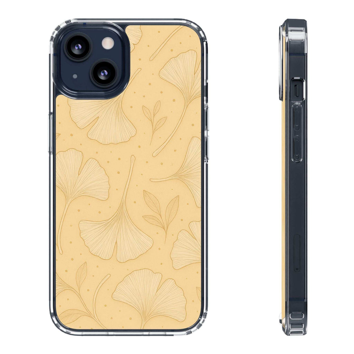 Tan ginkgo floral phone case front with camera cutout and matching side profile view