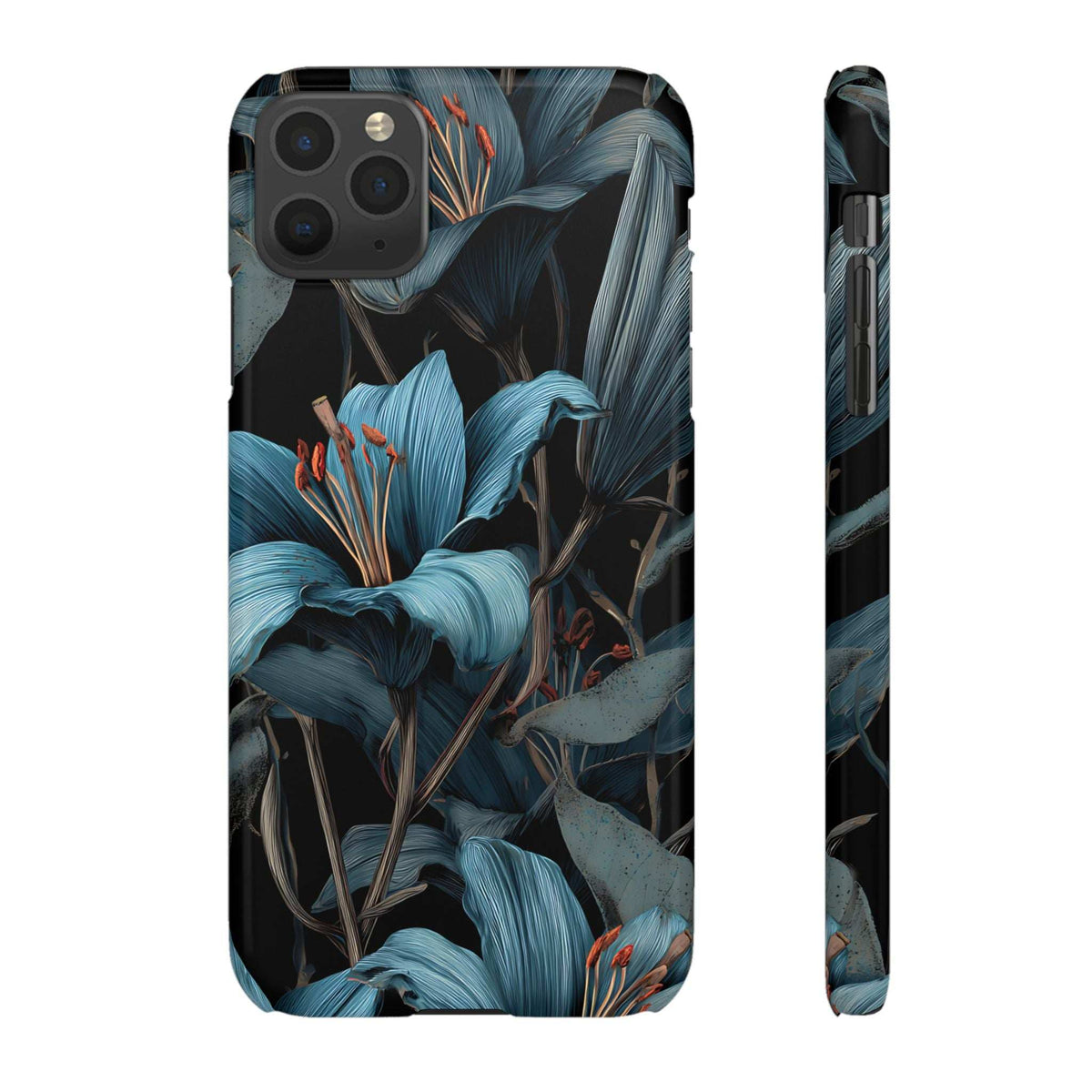 Floral phone case angled front, blue botanical design and camera cutouts