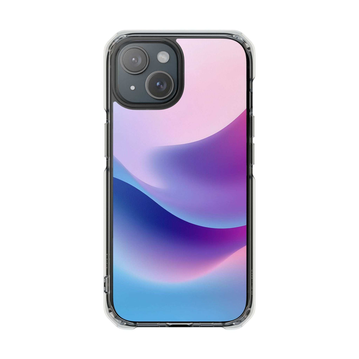 Pastel wave phone case with clear protective frame, triple-camera cutout, soft pink and blue gradient