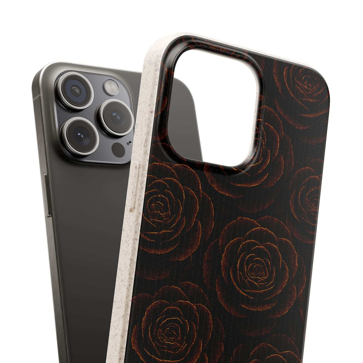 Rose-themed phone case with dark wood-look back and large camera opening