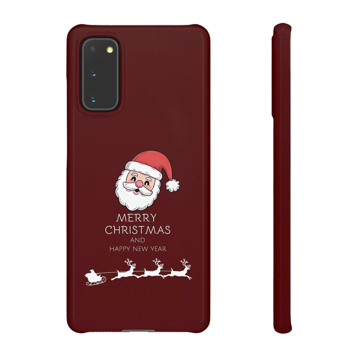 Glossy crimson phone case with Santa sleigh holiday graphic and side edge view