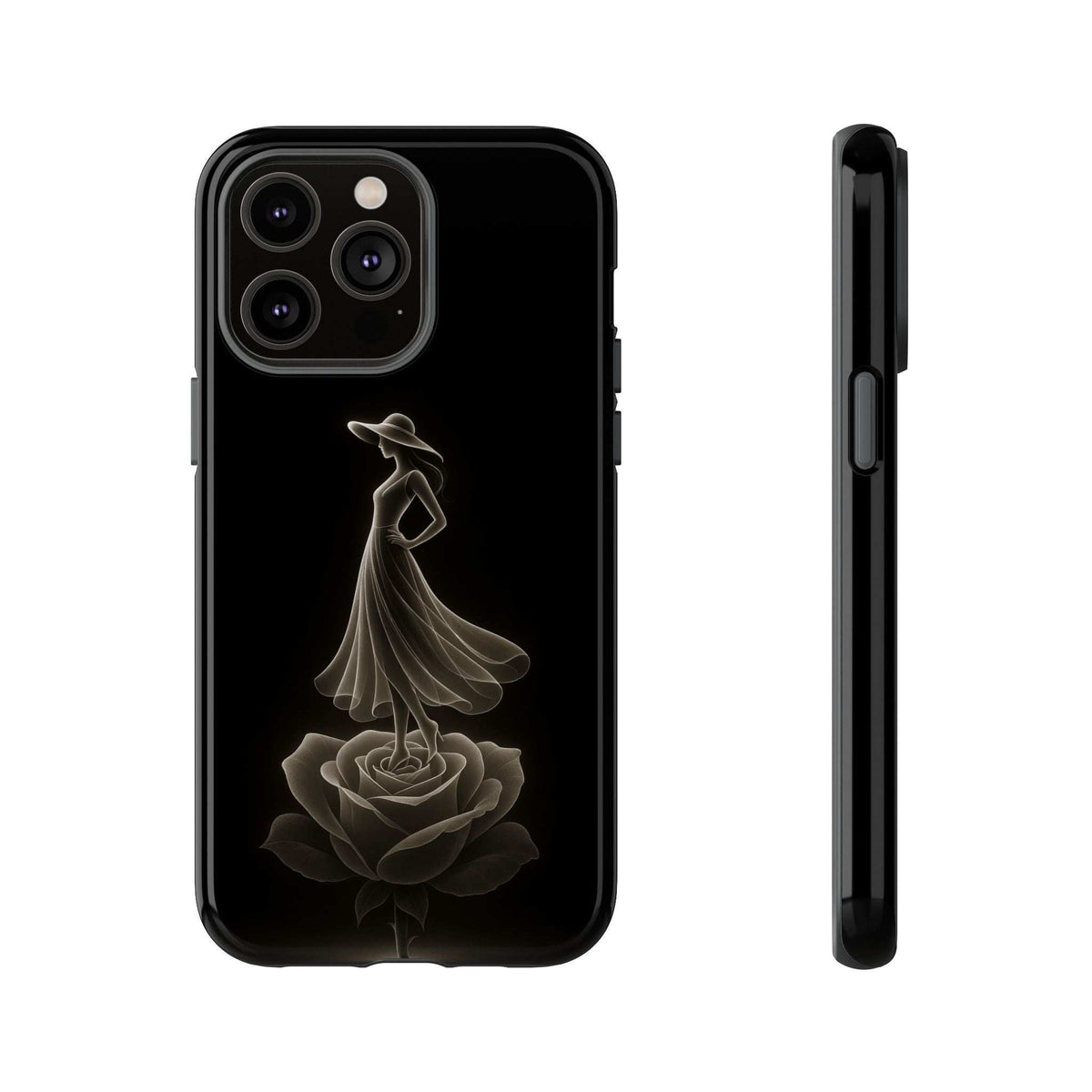 Black glossy phone case with gold ballerina and rose artwork; slim side view