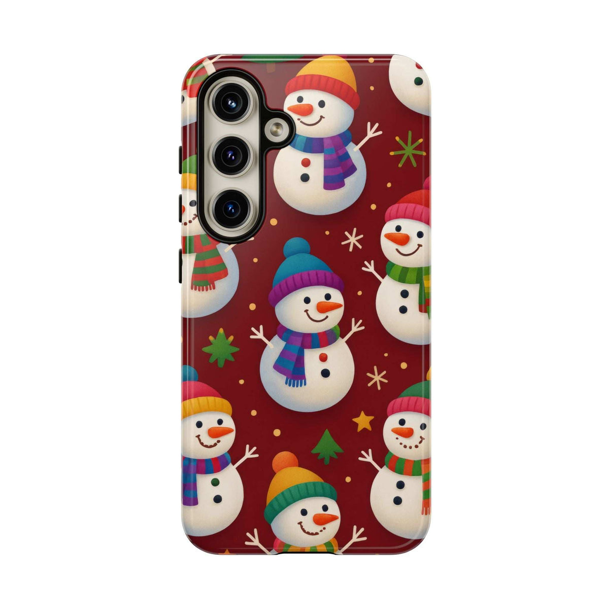 Glossy phone case front close-up with maroon snowman and hat characters; camera cutouts.