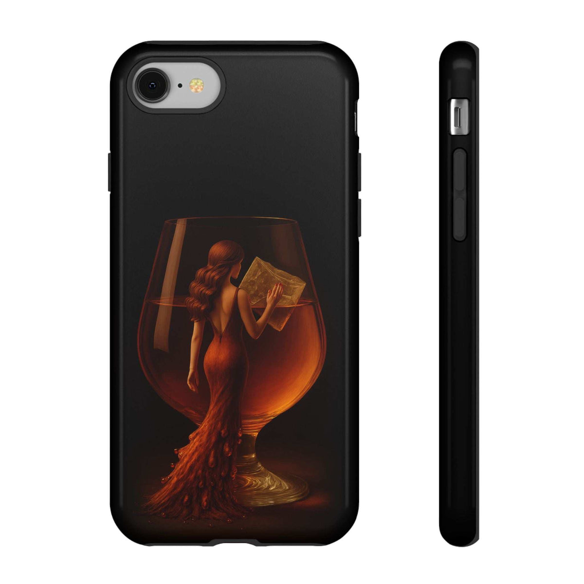 Midnight lady phone case, glossy black with side buttons view and lady artwork