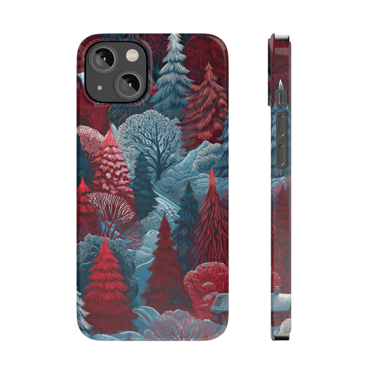 Phone case with winter forest illustration in red, blue, and teal; camera cutouts