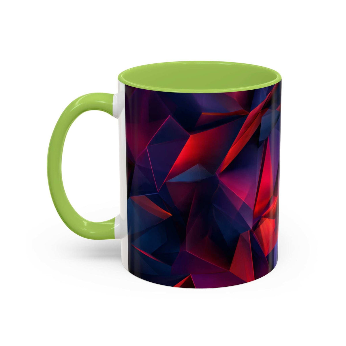 Ceramic mug with lime green rim and handle, abstract red and blue geometric pattern.