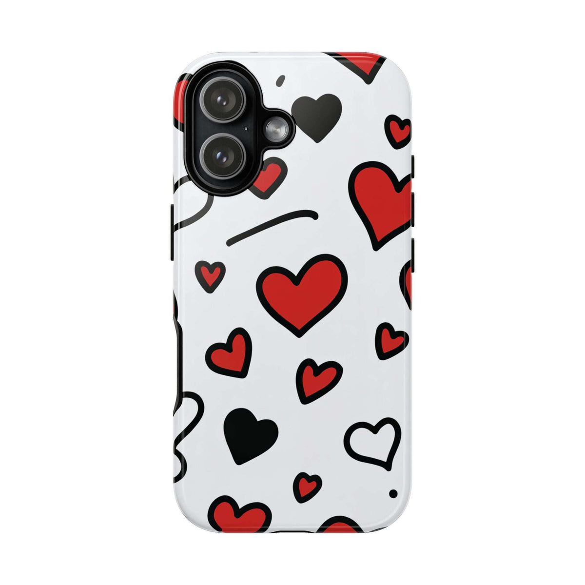 White phone case with red and black hearts; large camera module opening