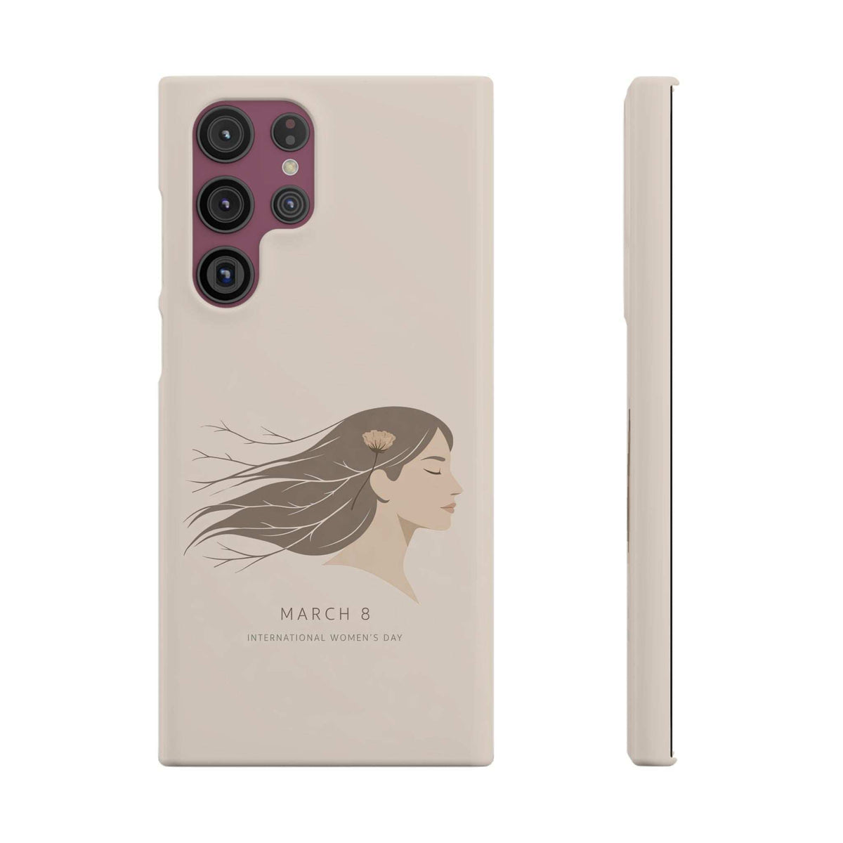 Light beige phone case with World Women's Day profile graphic and multi-camera cutout
