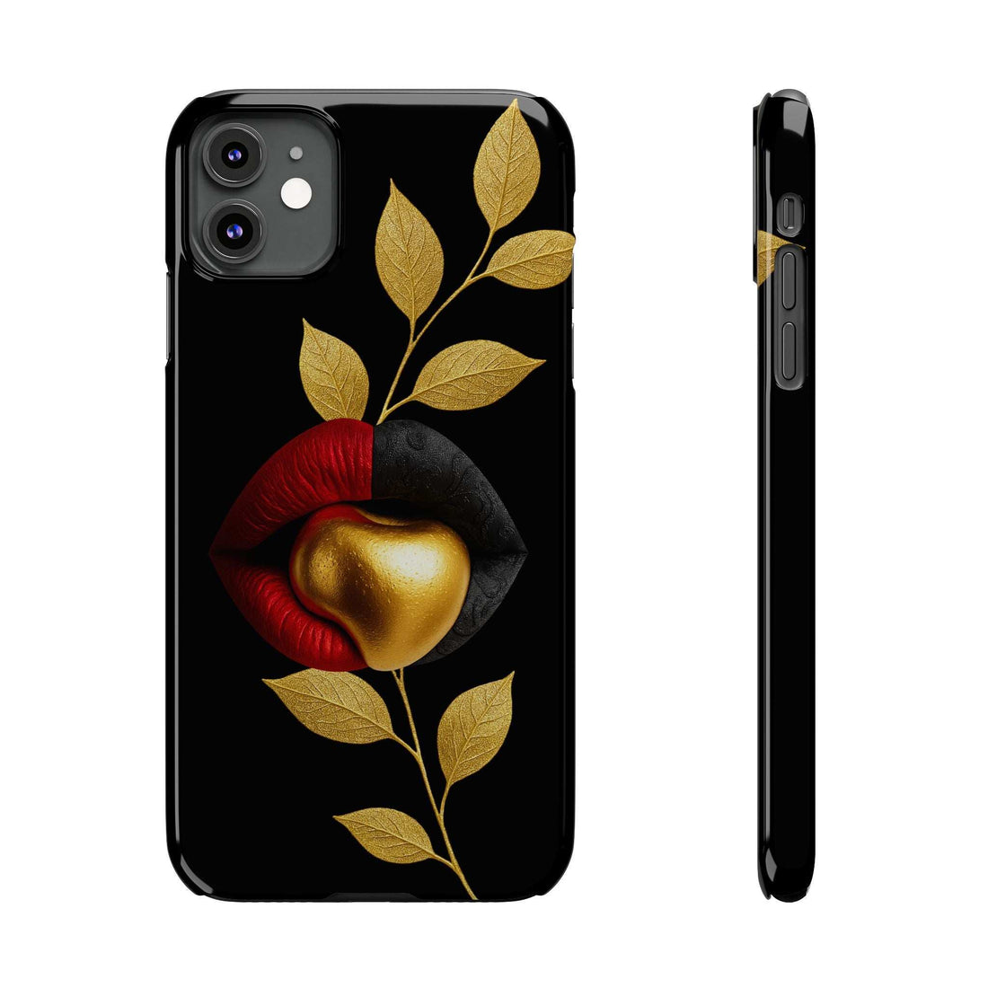 Black iPhone phone case with gold leaf and red lips; slim profile with side button cutout