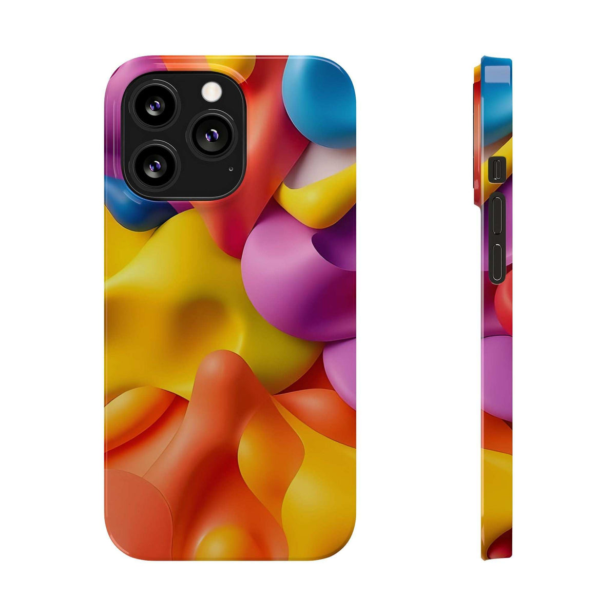 Phone case front view with vibrant abstract multicolor pattern and camera cutouts