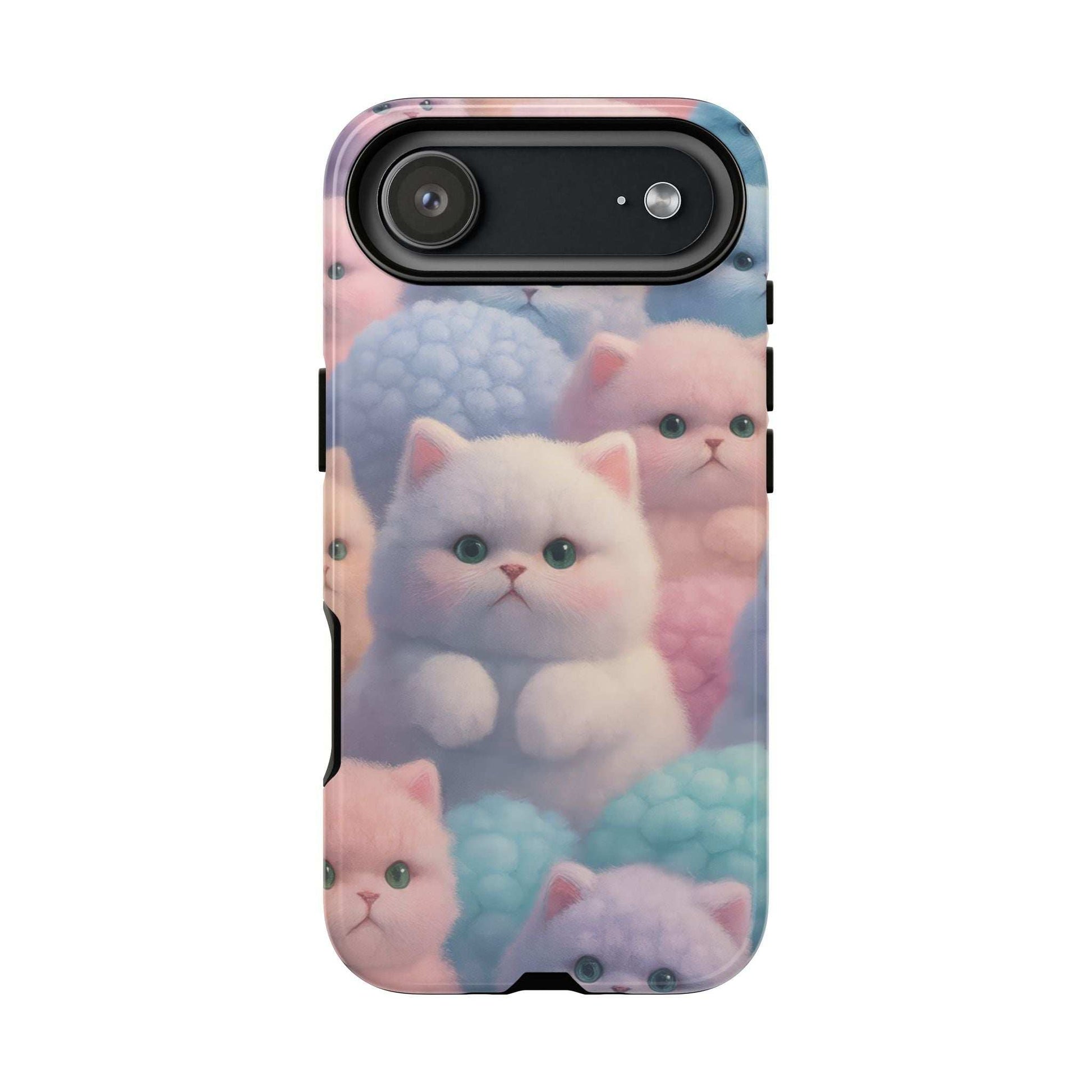 Glossy pastel kitten phone case with rear camera cutout and cat face pattern