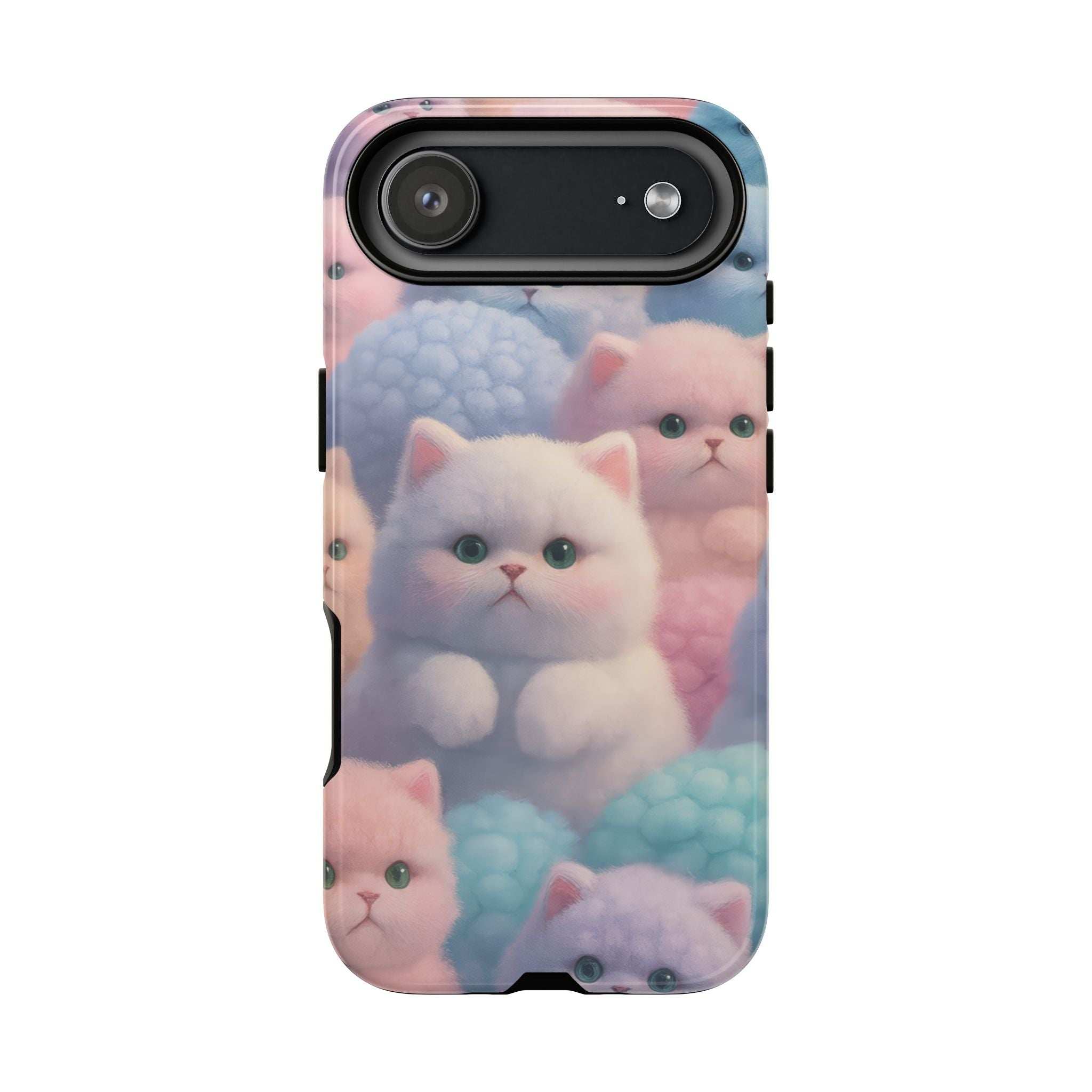 Glossy pastel kitten phone case with rear camera cutout and cat face pattern