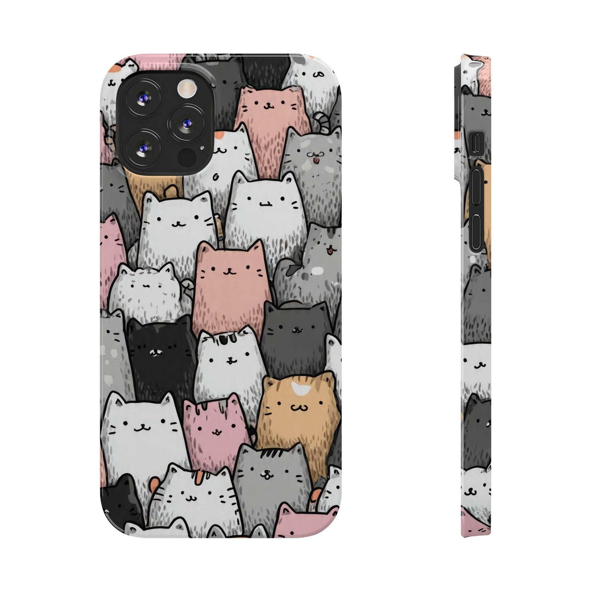 Cat carnival phone case with colorful cat faces; front and side view for iPhone 11–17.
