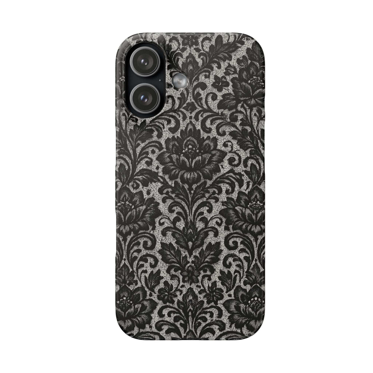 Damask floral phone case, back view, dark gray/black damask pattern full coverage